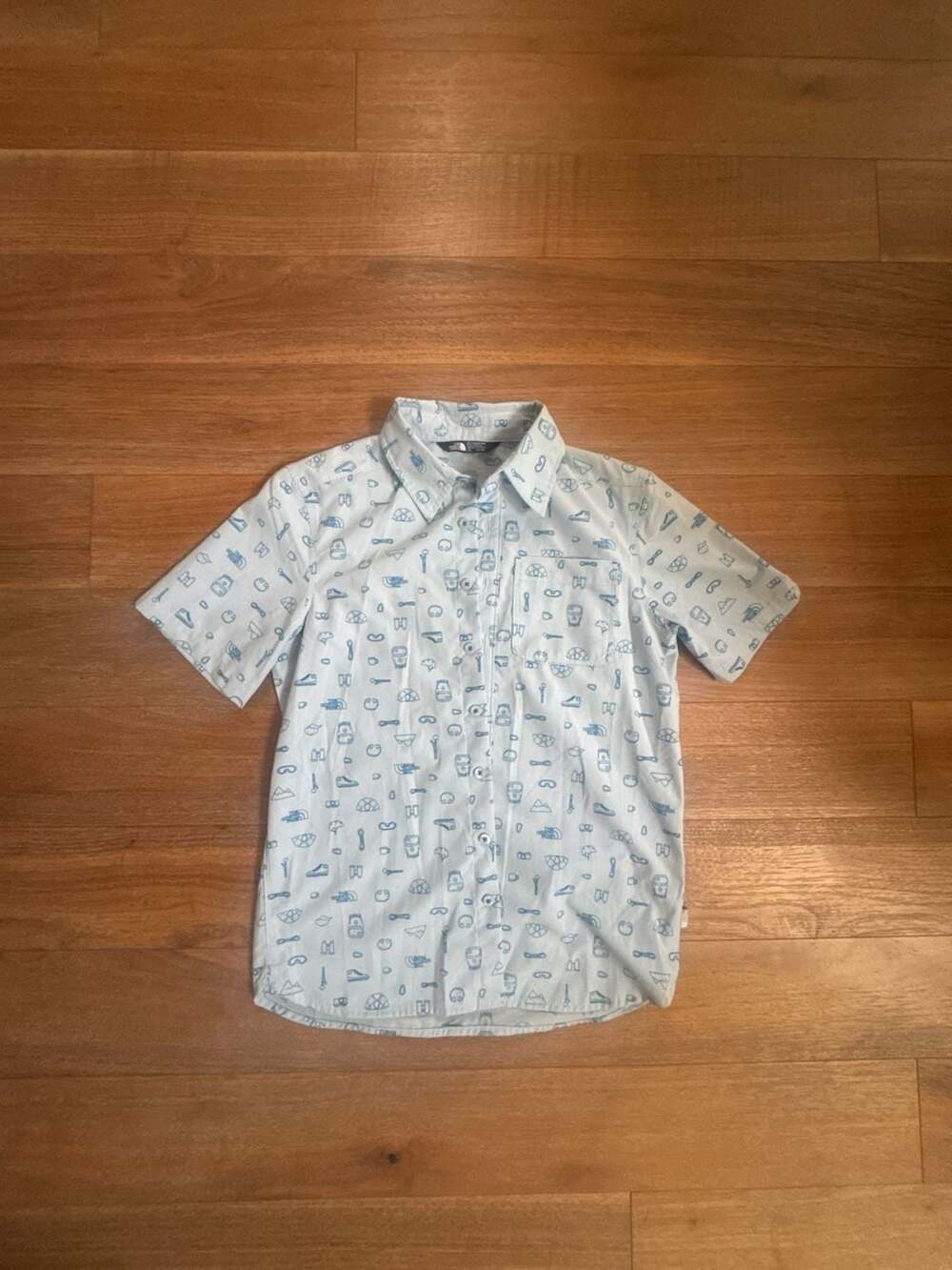 14/16 The North Face Light Blue Camping Print Short Sleeve Button Up Shirt